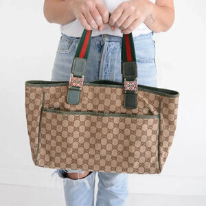 GUCCI Beige & Green GG Sherry Canvas Web Handle Tote Purse  Bag
